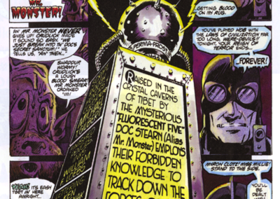 Comic book cover featuring a purple-dominated frame with bold yellow 'MONSTERS' title and a central crystal device surrounded by characters and speech bubbles.