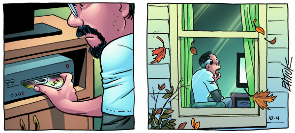 Two-panel cartoon: left panel shows a bearded man in a light blue shirt inserting a card into a slot on a device (card reader/safe) under a desk. Right panel shows the same man sitting at a desk by a window, talking on a phone and looking at a computer monitor, with leaves falling outside the window.